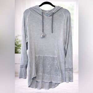 POL Mineral Wash Hoodie Lace Detail Top Boho Lightweight Size L